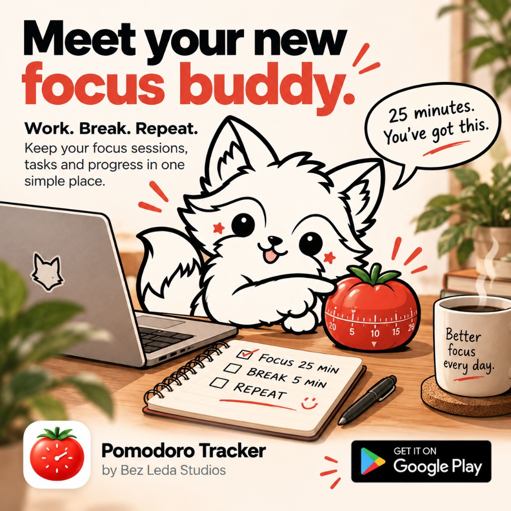 Pomodoro Tracker poster with a fox, a tomato timer, and a notebook listing focus, break, and repeat.