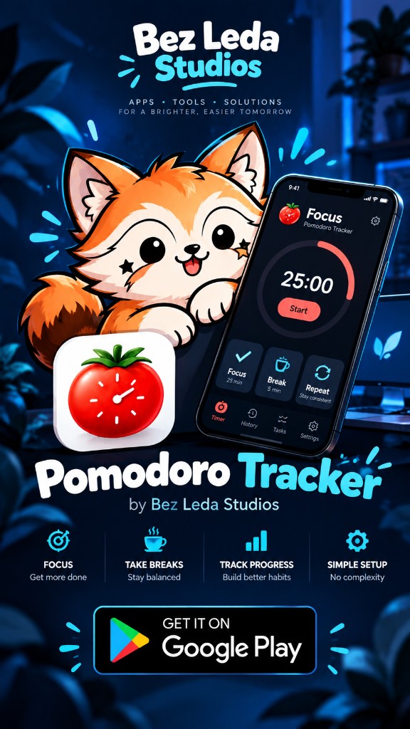 Pomodoro Tracker poster by Bez Leda Studios, with a fox, a tomato app icon, and a phone on a 25 minute focus timer.